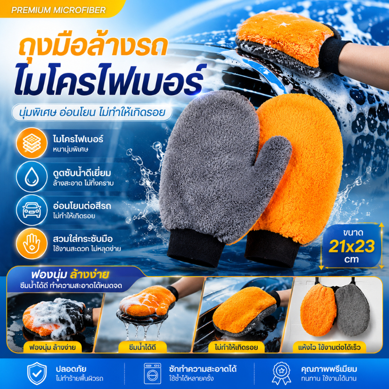 ถุงมือล้างรถ ถุงมือหมี ไมโครไฟเบอร์ ขนาด 21x23 cm ล้างรถทำความสะอาด เช็ดรถยนต์ (ราคานี้ 1ชิ้นเดี่ยว)