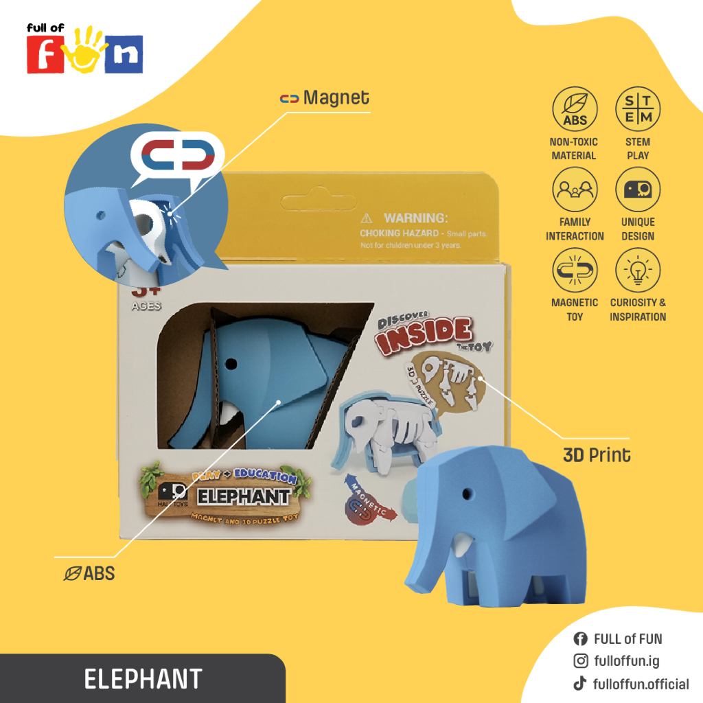 [พร้อมส่ง] Halftoys Animal (ตัวเดี่ยว) ช้าง-Elephant ของเล่นตัวประกอบโครงกระดูกแม่เหล็ก เสริมพัฒนาการ 3 ปีขึ้นไป