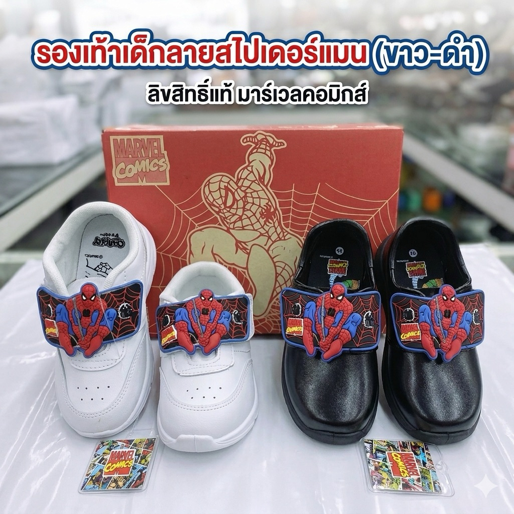 รองเท้านักเรียนอนุบาลชาย CHAPPY รุ่น Spider man มีไฟกระพริบ สีดำ SP-1169 สีขาว PVC SP-2269