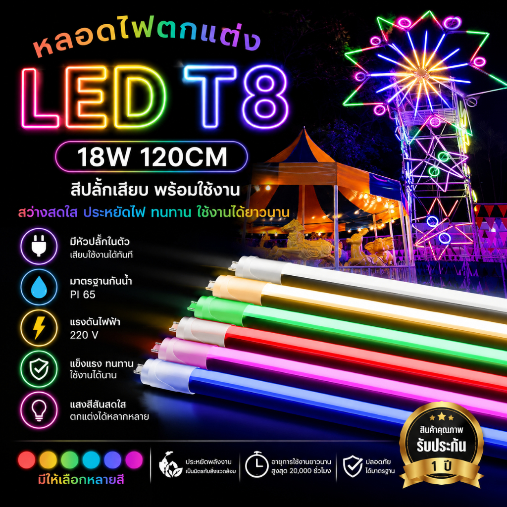 T8หลอดไฟงานวัด หลอดสี ไฟประดับ ไฟกันน้ำ ไฟLED ไฟงานวัด เครื่องไฟ หลอดไฟLED (แพ็ค 1 หลอด)