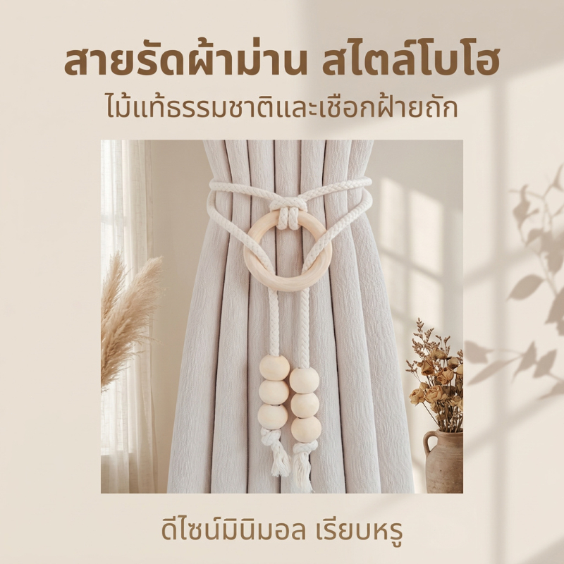 สายรัดผ้าม่านสไตล์โบฮีเมียน ถักทอมือ มีลูกปัดไม้ ปรับขนาดได้ เหมาะตกแต่งห้องนอนและห้องนั่งเล่น