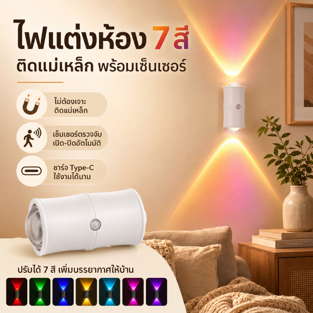 ✨โคมไฟเซ็นเซอร์แบบแม่เหล็ก ไฟ LED ชาร์จUSB ไฟกลางคืน ไฟสร้างบรรยากาศ เอฟเฟกต์แสงภูเขา โคมไฟ 2 หัว เปลี่ยนได้ 7 สี