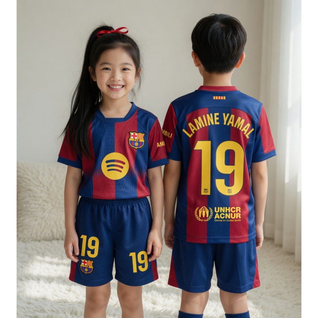 BONOIRชุดกีฬาเด็ก Barcelona แดงน้ำเงิน 2024-2025 สกรีนลามีนยามาล เบอร์19 ใส่สบาย ระบายอากาศดี หลายไซส์
