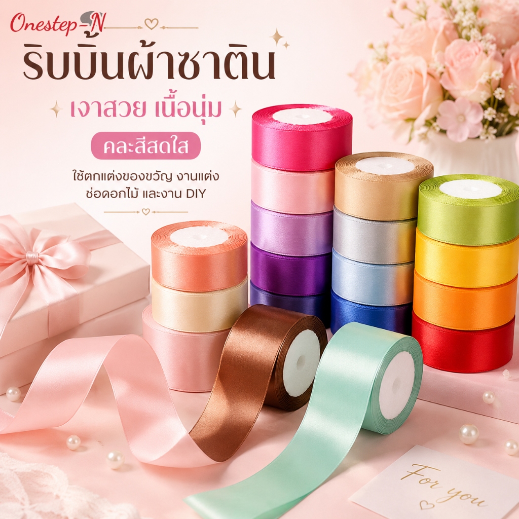 ริบบิ้นซาตินม้วนใหญ่ สีสดใส เนื้อผ้าเรียบเงา สำหรับงานแต่งและตกแต่งช่อดอกไม้