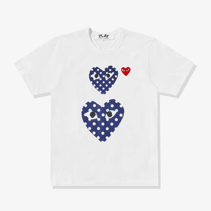 ใหม่PLAY，Rei Kawakubo CDG，COMME des GARCONS，ลายจุดรูปหัวใจสีฟ้า เสื้อยืดคอกลมแขนสั้น Polka dot t-shi