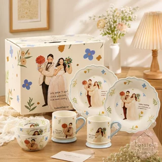 💍🌸Box Set แต่งงาน Chubby Wedding ชุดจานชามเซรามิคลายคู่รักพร้อมกล่องของขวัญ เหมาะสำหรับให้ของขวัญให้คนพิเศษ Lassie Decor
