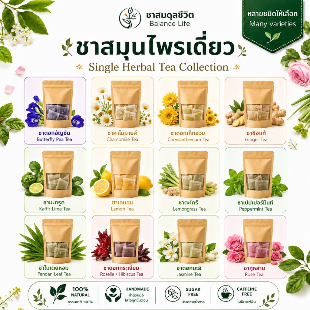 ชาคาโมมายล์ | มะลิ | หอมหมื่นลี้ | กุหลาบ | ดอกคำฝอย | อื่นๆ | ชาดอกไม้ ชาสมุนไพร 100 % ออร์แกนิก | Herbal Tea