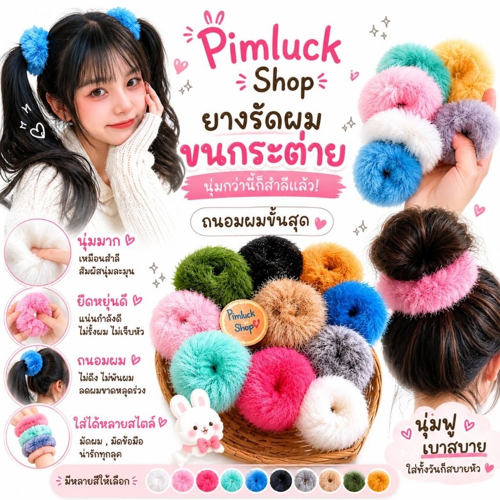 ร้านไทย🇹🇭ยางรัดผมขนกระต่ายปุกปุย นุ่มกว่านี้ก็สำลีแล้ว! ถนอมผมขั้นสุด💯 มัดแล้วไม่เป็นรอย