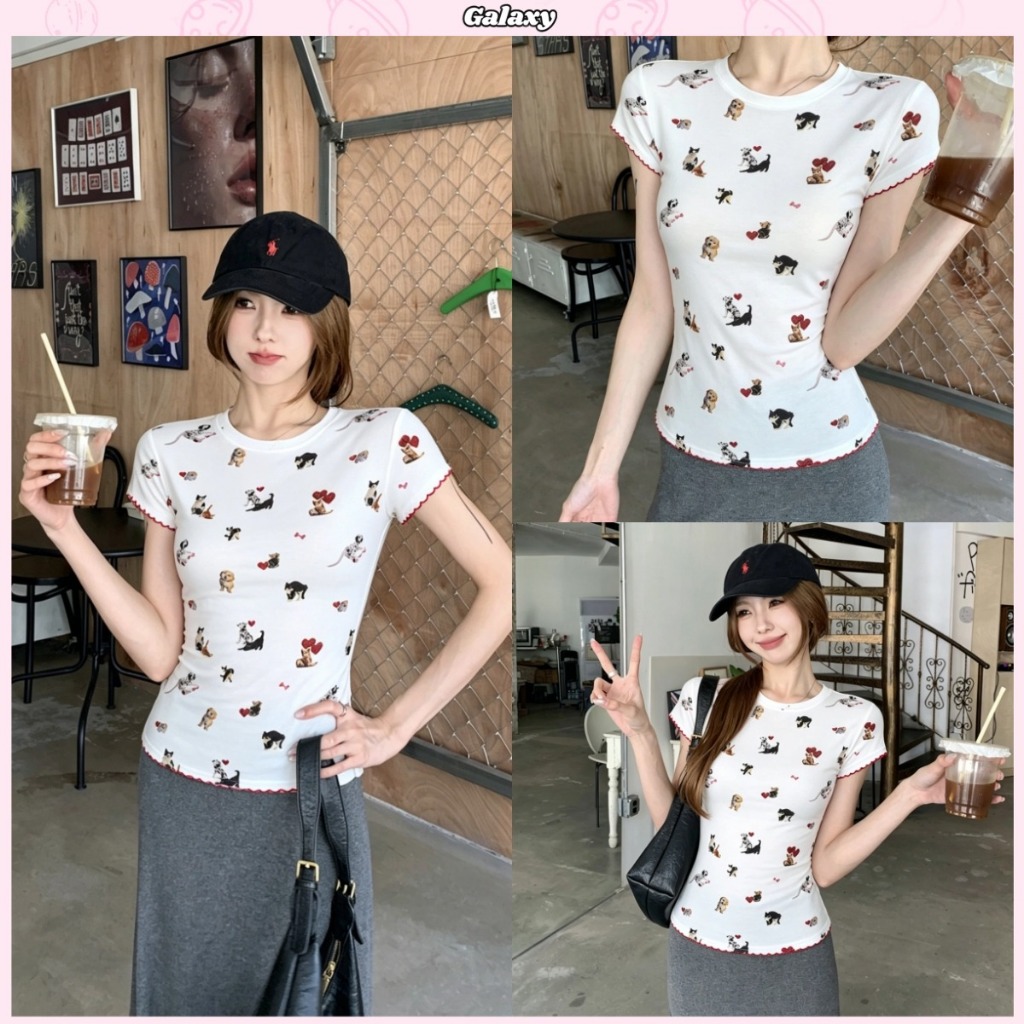 เสื้อแขนสั้นผู้หญิง เสื้อยืดสั้นรัดรูป พิมพ์ลายหมา รัดรูป ยืดหยุ่น สไตล์แคชชวล ใส่ได้ทุกลุค #020431