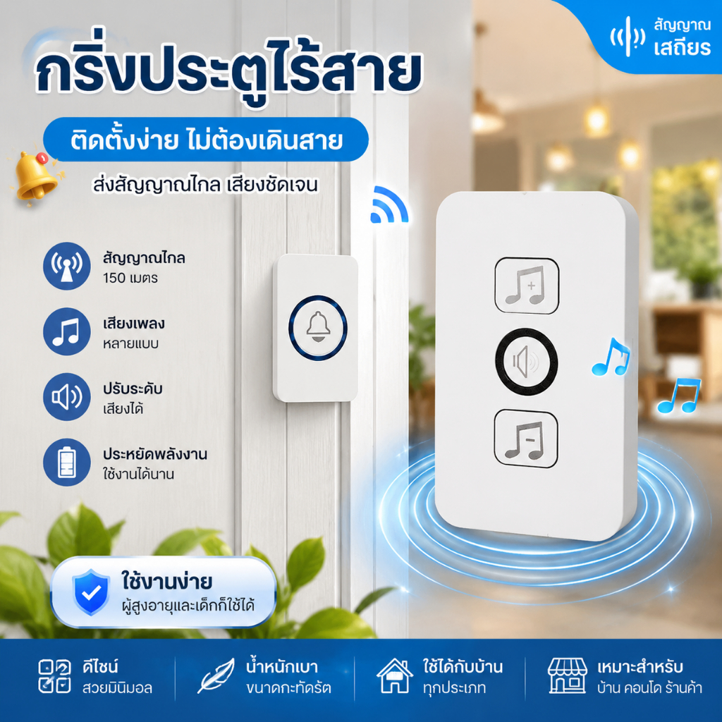 กริ่งประตูไร้สาย กันน้ำ ไม่ต้องใช้แบตเตอรี่ ใช้สำหรับบ้าน/ร้านค้า/สำนักงาน/อาหารค่ำ