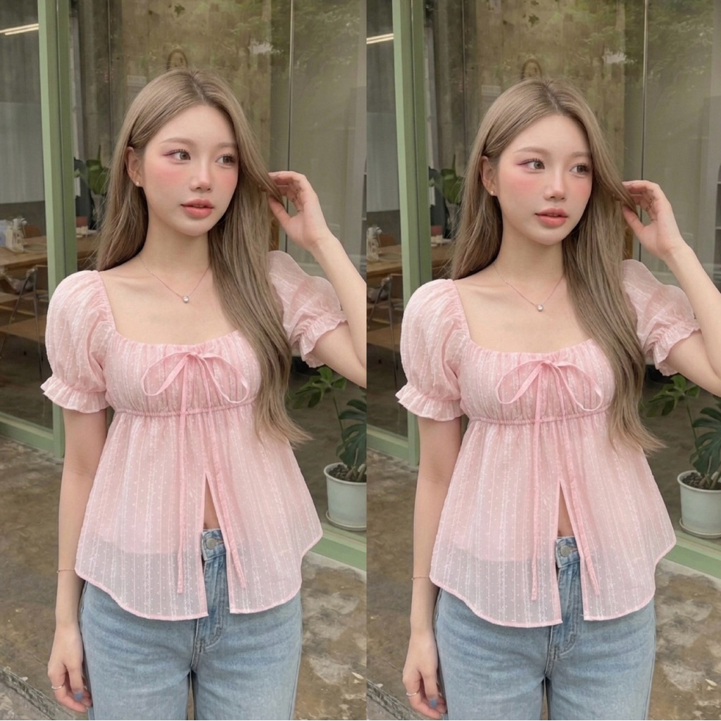 (อก30-40)เสื้อแขนตุ๊กตาผ้าโรซี่ เสื้อญาญ่าแขาส้้น ผ่าหน้าทรงน่ารัก สาวอวบใส่ได้อกถึง 40 นิ้ว