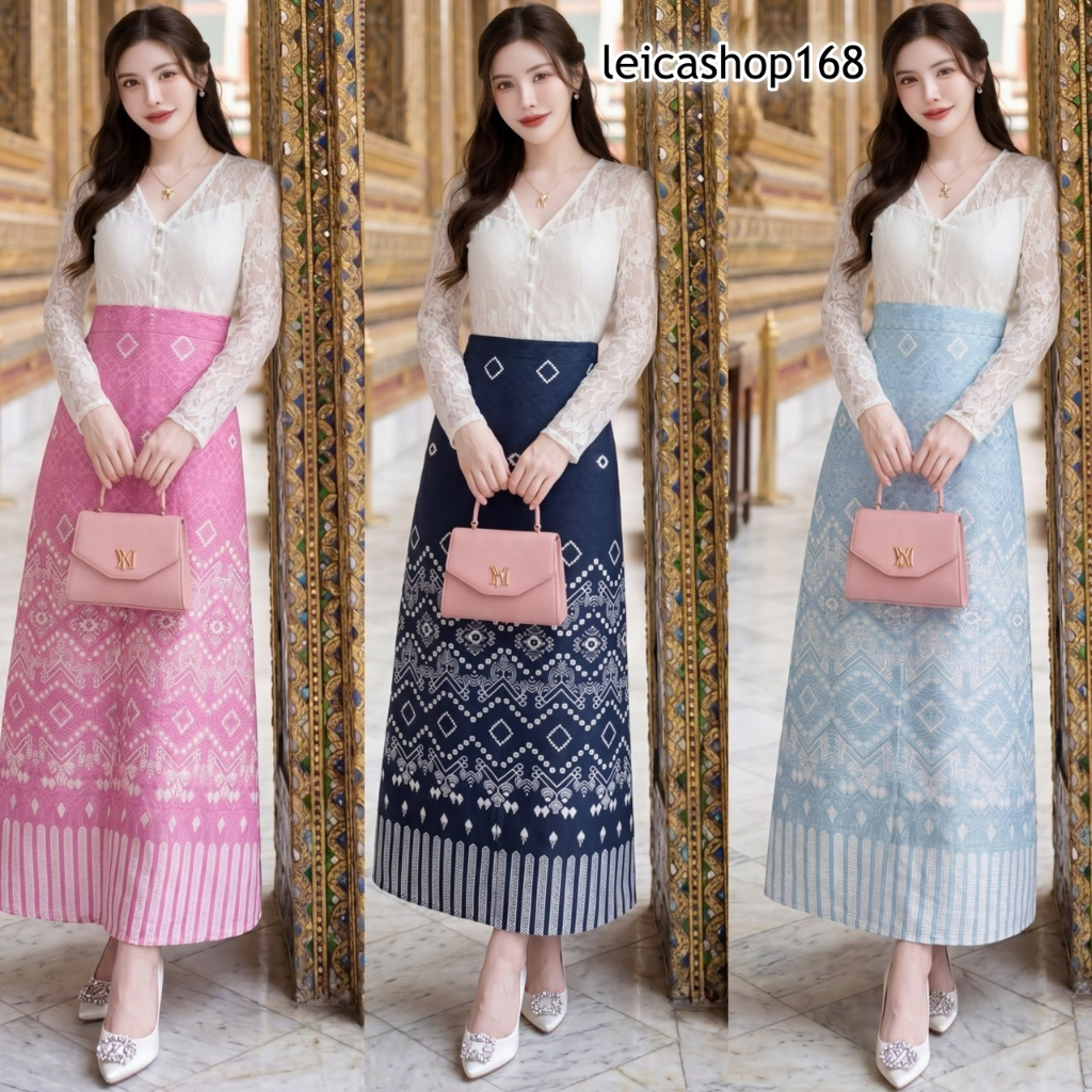 สินค้าพร้อมส่ง เดรสลายไทย ผ้าครัชพิมพ์ลาย ช่วงบนผ้าลูกไม้แขนยาว พร้อมซับใน กระดุมหน้า ซิปหลัง พร้อมสายผูกเอว A8009
