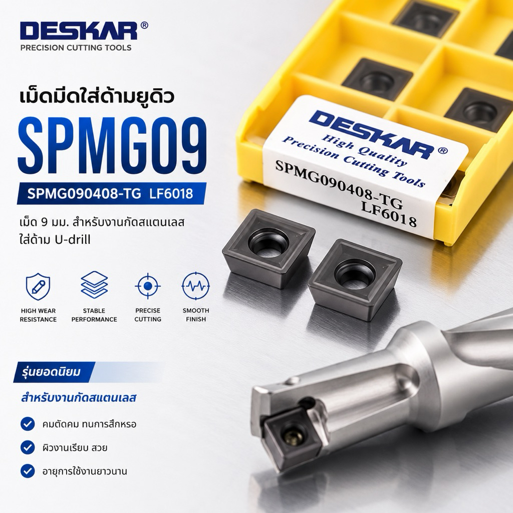 เม็ดมีด INSERTS เม็ด SP09 SPMG090408-TG LF6018 เม็ด9มิล ใส่ด้าม U-drill กัดสแตนเลส ยี่ห้อDESKAR