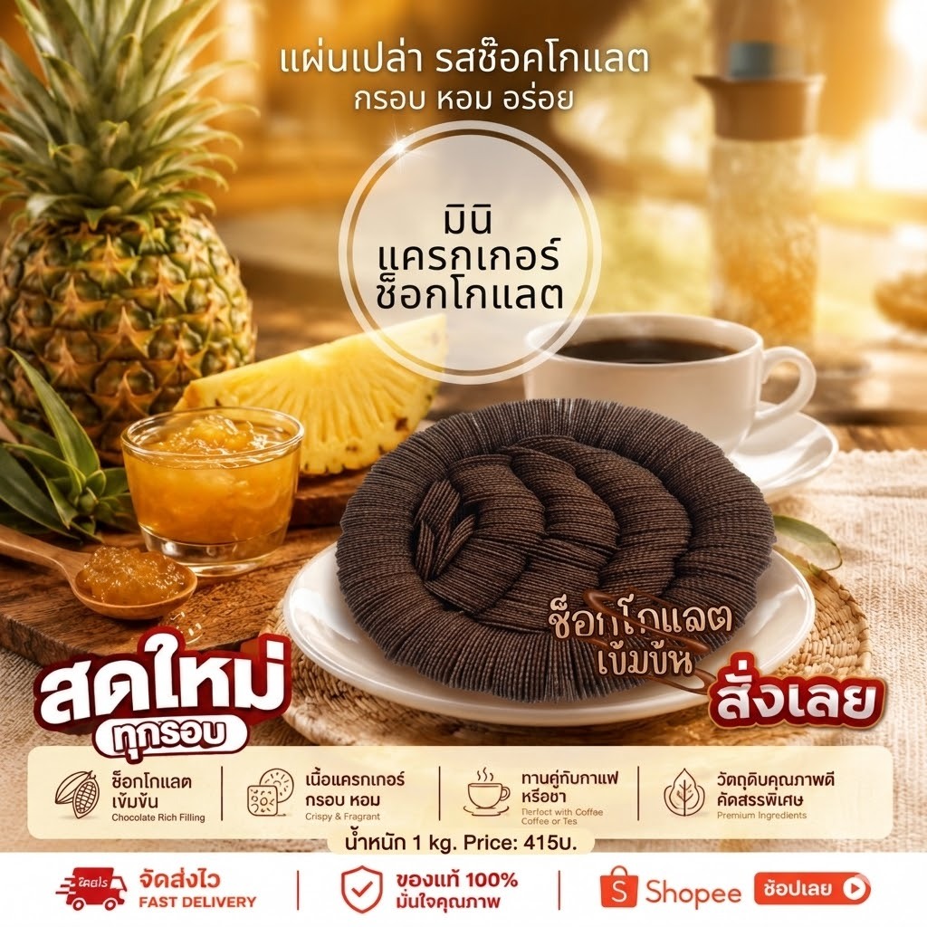 มินิแครกเกอร์รสช๊อคโกแลต (แผ่นแป้งเปล่า) 1 kg. พร้อมส่ง ผลิตใหม่สดทุกวัน บางกรอบ หวาน มัน ปราศจากไขมันทรานส์ นส์