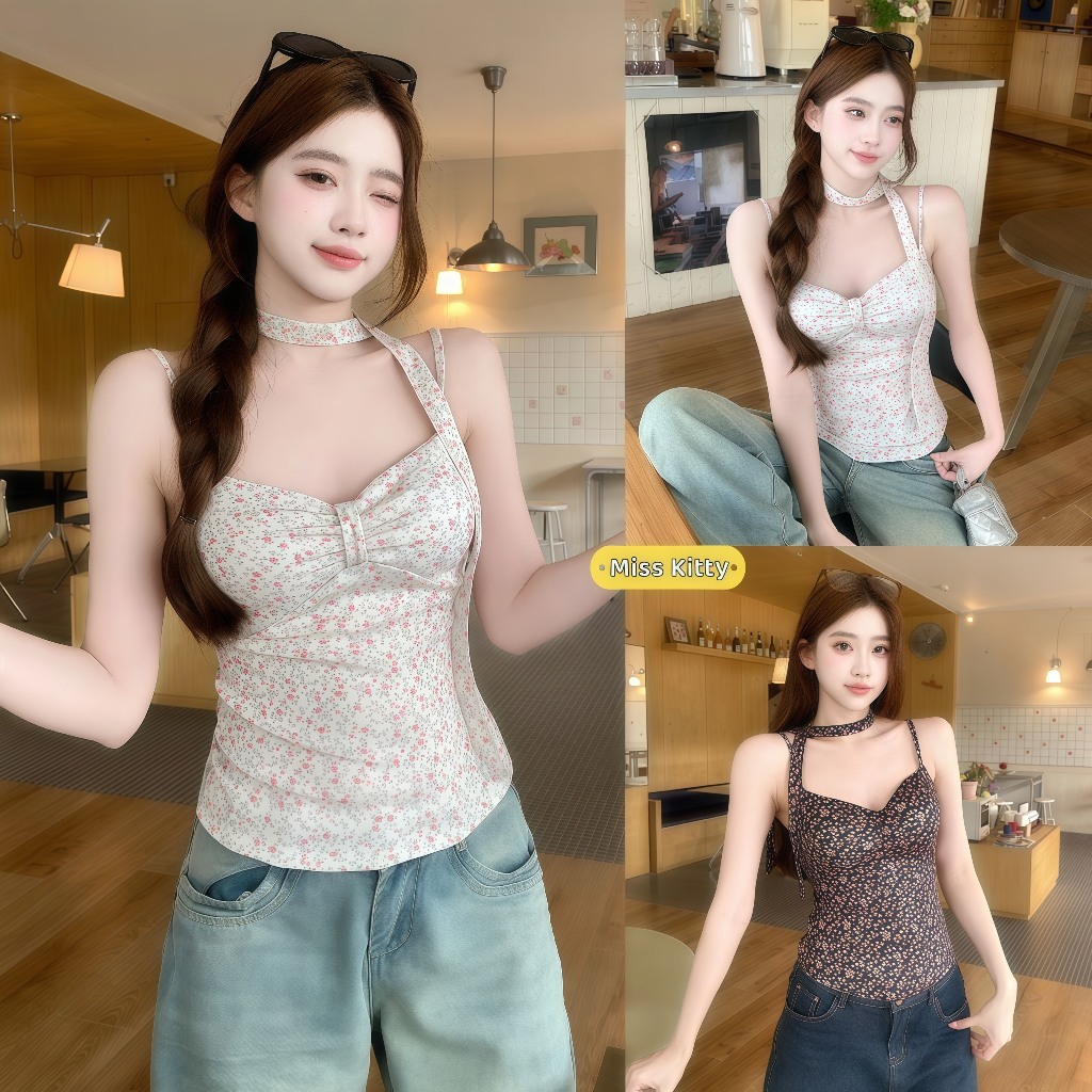 Miss Kitty เสื้อกล้าม สายเดี่ยว ลายดอกไม้เล็ก สไตล์หวานเซ็กซี่ ใส่สบายไม่ร้อน -FY7051
