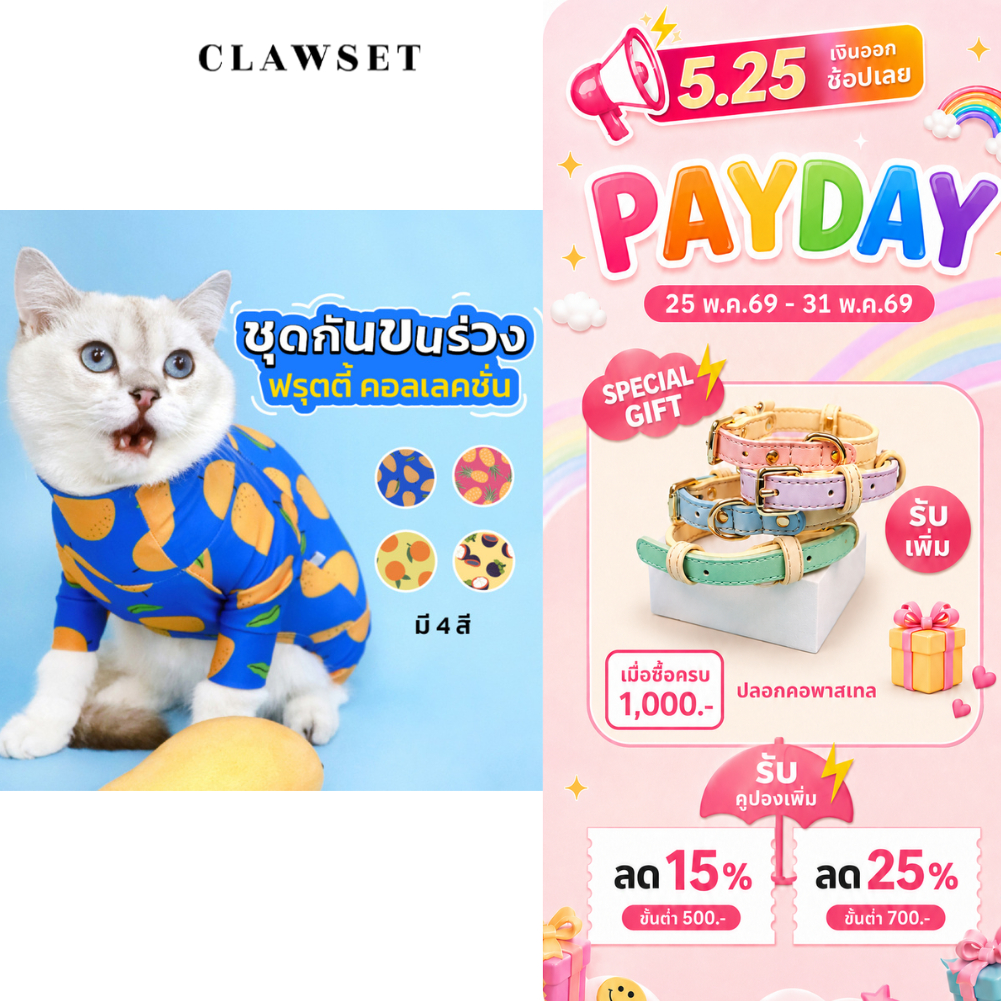 [สินค้าราคาพิเศษ] ชุดกันขนร่วง ลายผลไม้ มะม่วง ส้ม สัปปะรด มังคุด Clawset Fruity Collection