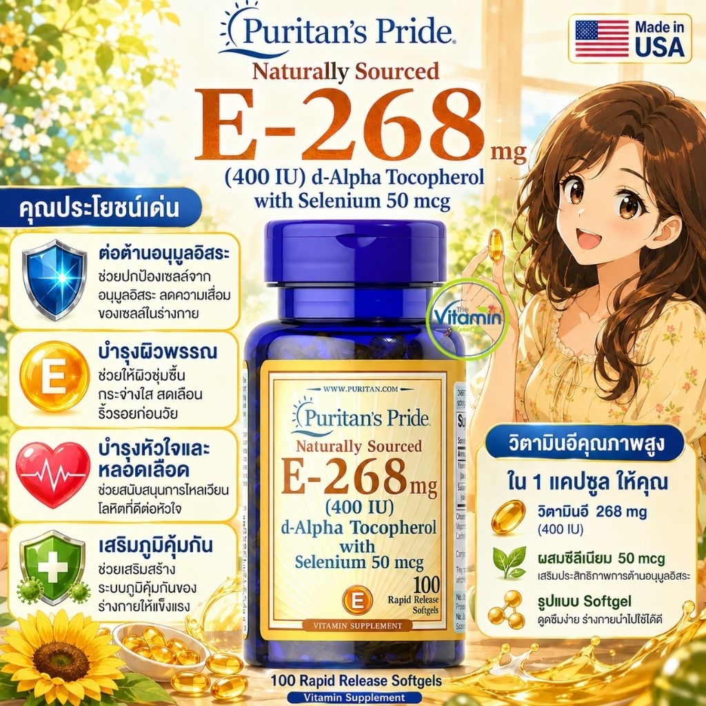 Puritan Vitamin E 400iu 50-100 ซอฟเจล วิตามินอีช่วยผิวนุ่มชุ่มชื่น ต้านวัย ลดหลุมสิว ความเหี่ยวย่น