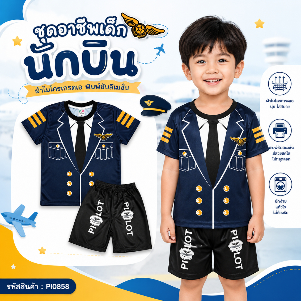 (PI0858) ชุดเด็ก ชุดอาชีพเด็ก เสื้อแขนสั้น+กางเกงขาสั้น ผ้าไมโครเกรดA (ผ้าลื่น) ลายชุดนักบิน เสื้อผ้าเด็ก ชุดเด็กแฟชั่น