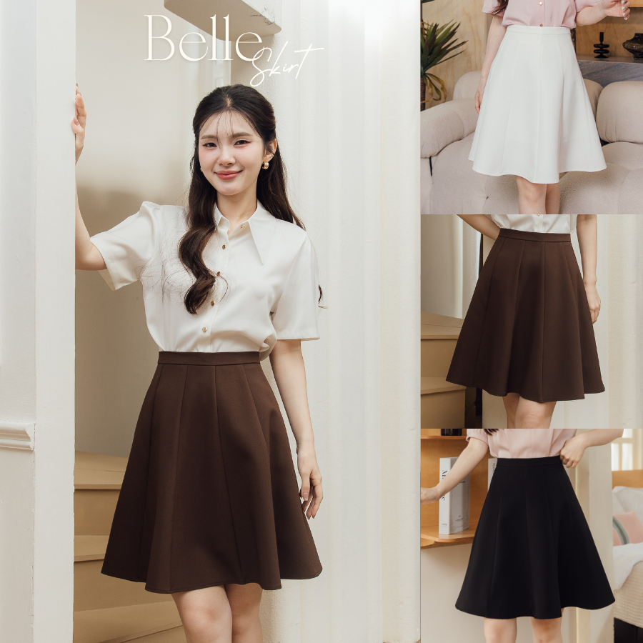 Onceandtwice | Belle Skirt กระโปรงทรงบาน กระโปรงทำงาน เนื้อผ้าหนาทรงสวย มีขอบเอวและมีซับใน ความยาว 20 นิ้ว ใส่ง่ายมาก