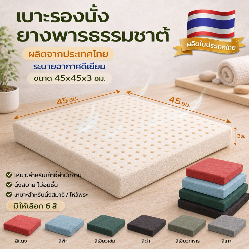 เบาะรองนั่งยางพาราธรรมชาติผลิตจากประเทศไทยแท้ ระบายอากาศดีนั่งสบายไม่อับชื้น