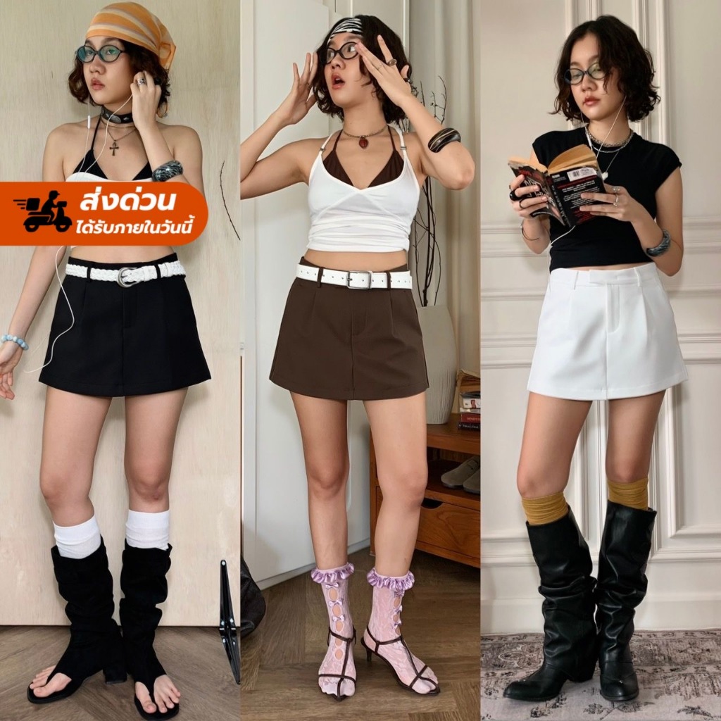โค้ดลด30%+โค้ดร้าน100฿+ส่งด่วนฟรี! Fashionstore-Shawty classic skirt - กระโปรง ด้านในเป็นกางเกง(866)