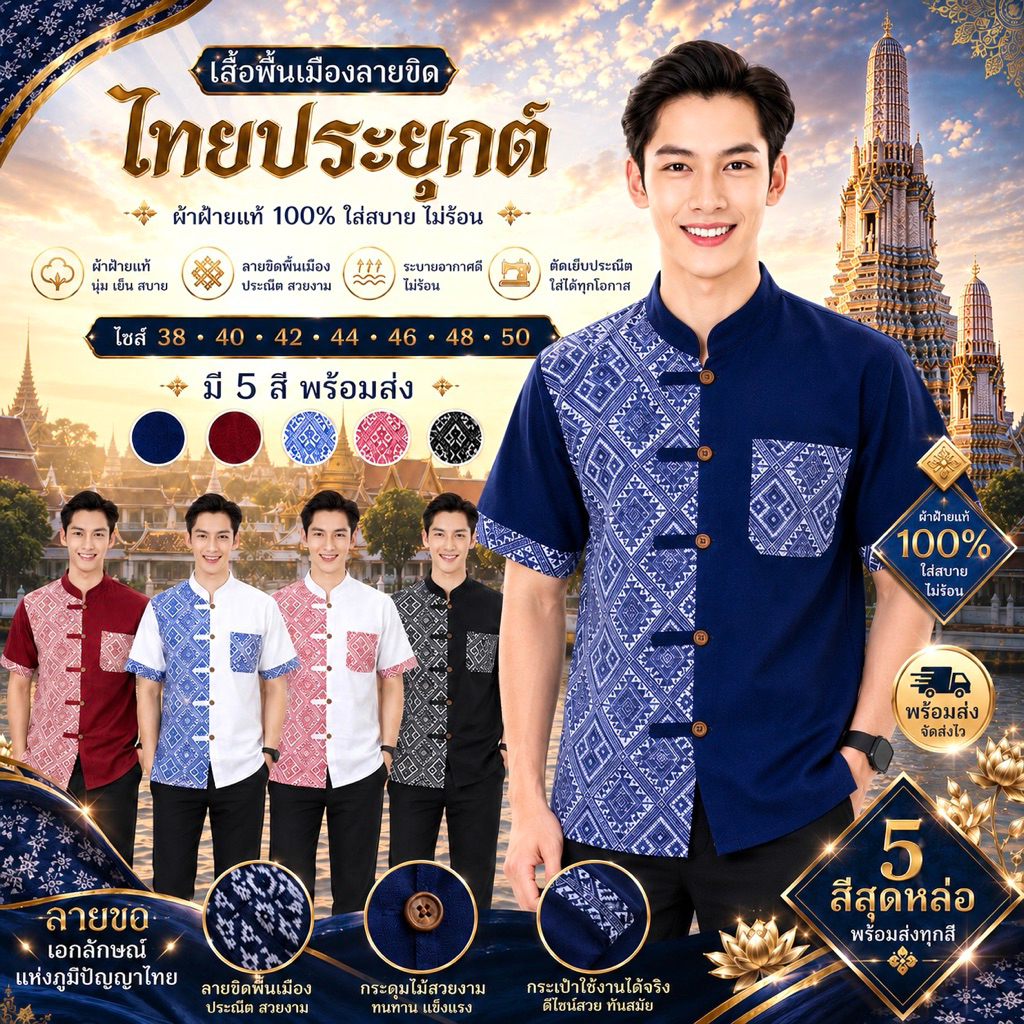 เสื้อคอจีนผู้ชาย ลายขิด/ลายไทย ทูโทน (เสื้อพิธา)