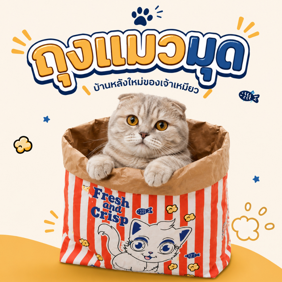 ถุงแมวมุด ถุงป๊อปคอร์น ของเล่นแมว Popcorn Peek-a-Boo Bag
