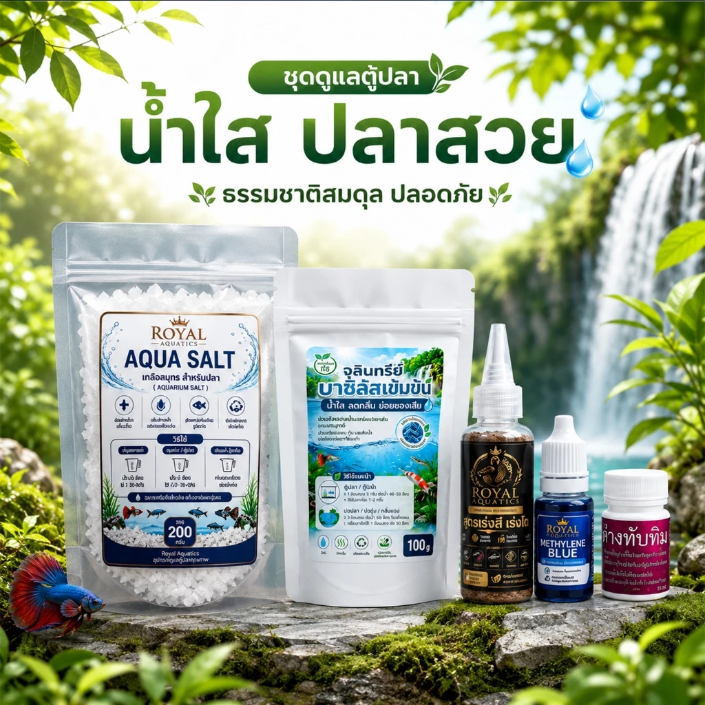 ชุดดูแลตู้ปลา น้ำใส ปลาสวย ครบจบในชุดเดียว | เกลือปลา จุลินทรีย์ บาซิลัส เมทิลีนบลู เร่งสีปลา Royal Aquatics