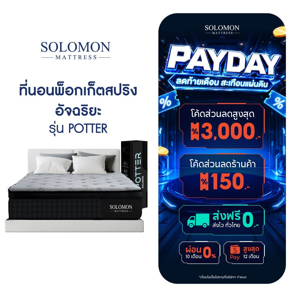 SOLOMON ที่นอนพ็อกเก็ตสปริง หนา12นิ้ว รุ่น POTTER รับประกัน10ปี