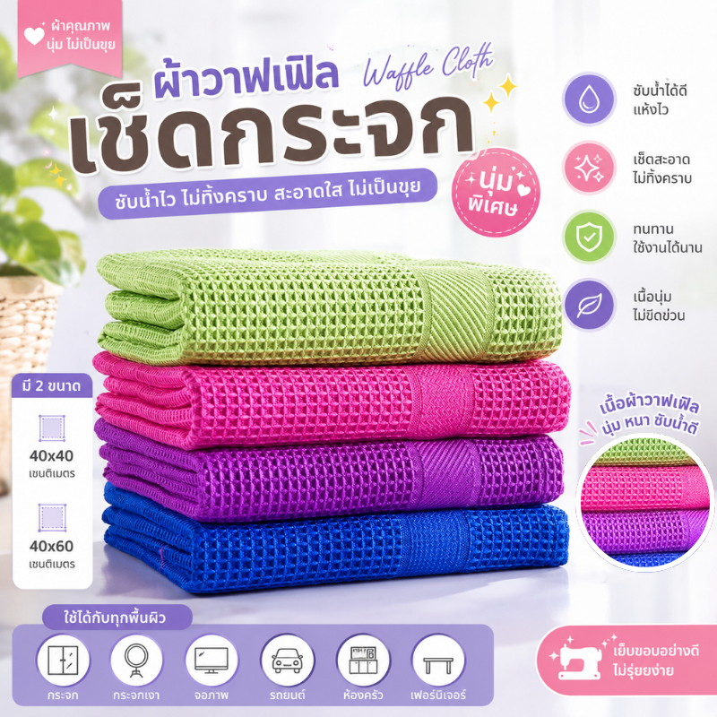 ผ้าวาฟเฟิลเช็ดกระจก ขนาด 40x40 และ 40x60 cm. ผ้าเช็ดทำความสะอาดแว่น กระจกรถยนต์ โต๊ะ อเนกประสงค์ ไม่เป็นขุย