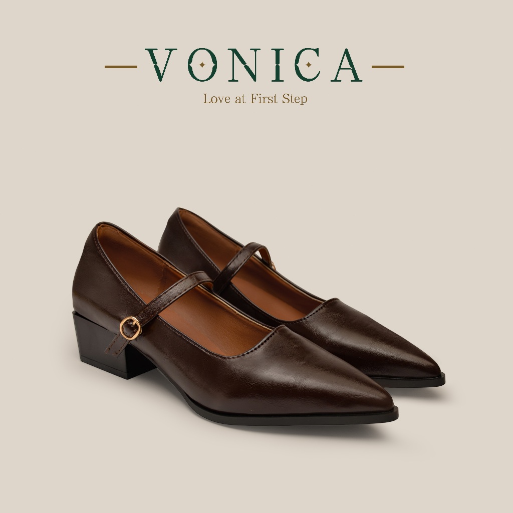 VONICA รองเท้าส้นตึกแมรี่เจนผู้หญิง หนัง แถบโลหะ คลาสสิค ใส่ได้ทุกโอกาส