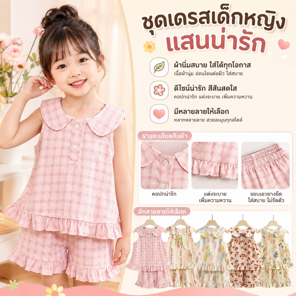 ชุดสูทแขนกุดสำหรับเด็กผู้หญิง🎀 ลายหูกระต่าย 🌸พิมพ์ลูกไม้ วัสดุไลโอเซลล์ สไตล์น่ารักและหวาน