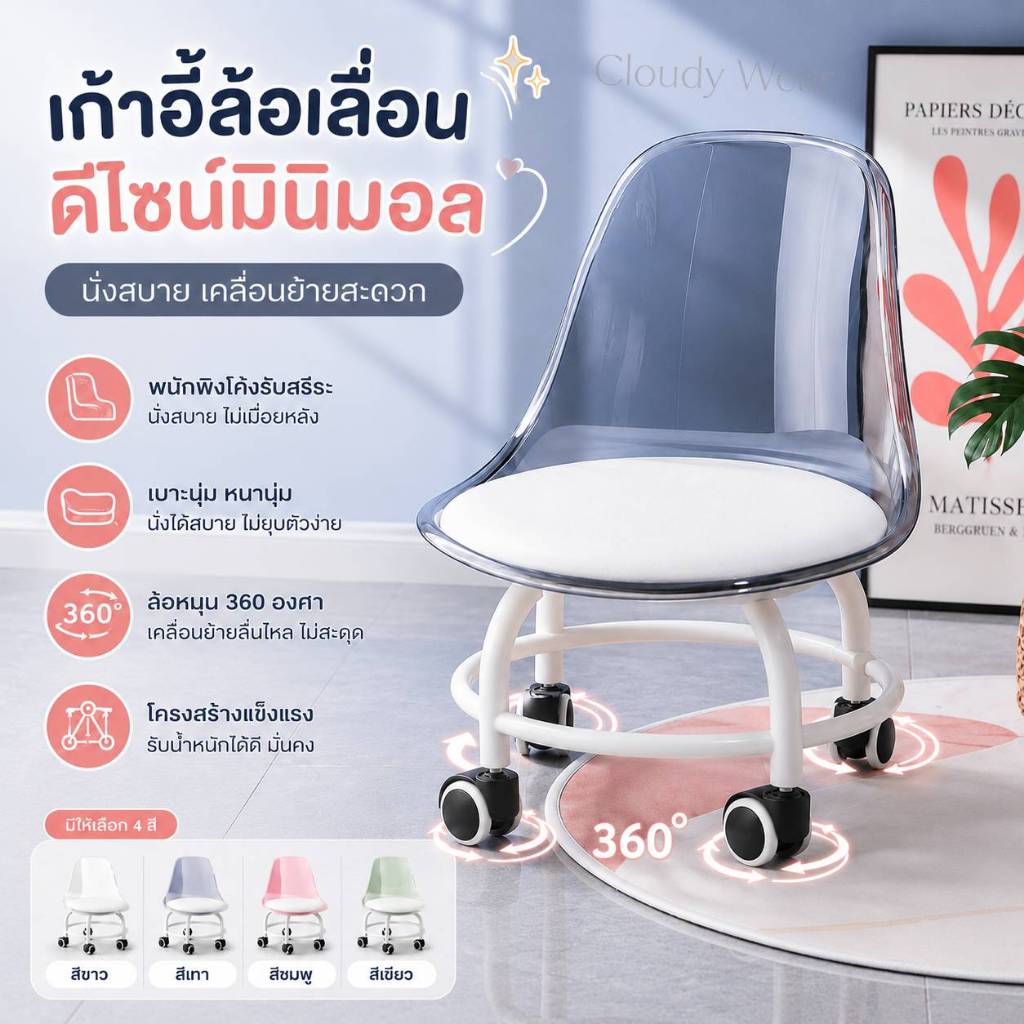 【ทนทาน】CozyWeave เก้าอี้สตูลเตี้ยหมุนได้ 360°  เก้าอี้หมุนได้นั่ง สตูลเตี้ย พร้อมพนักพิง เบาะรองนั่งฟองน้ำ กรอบหนา