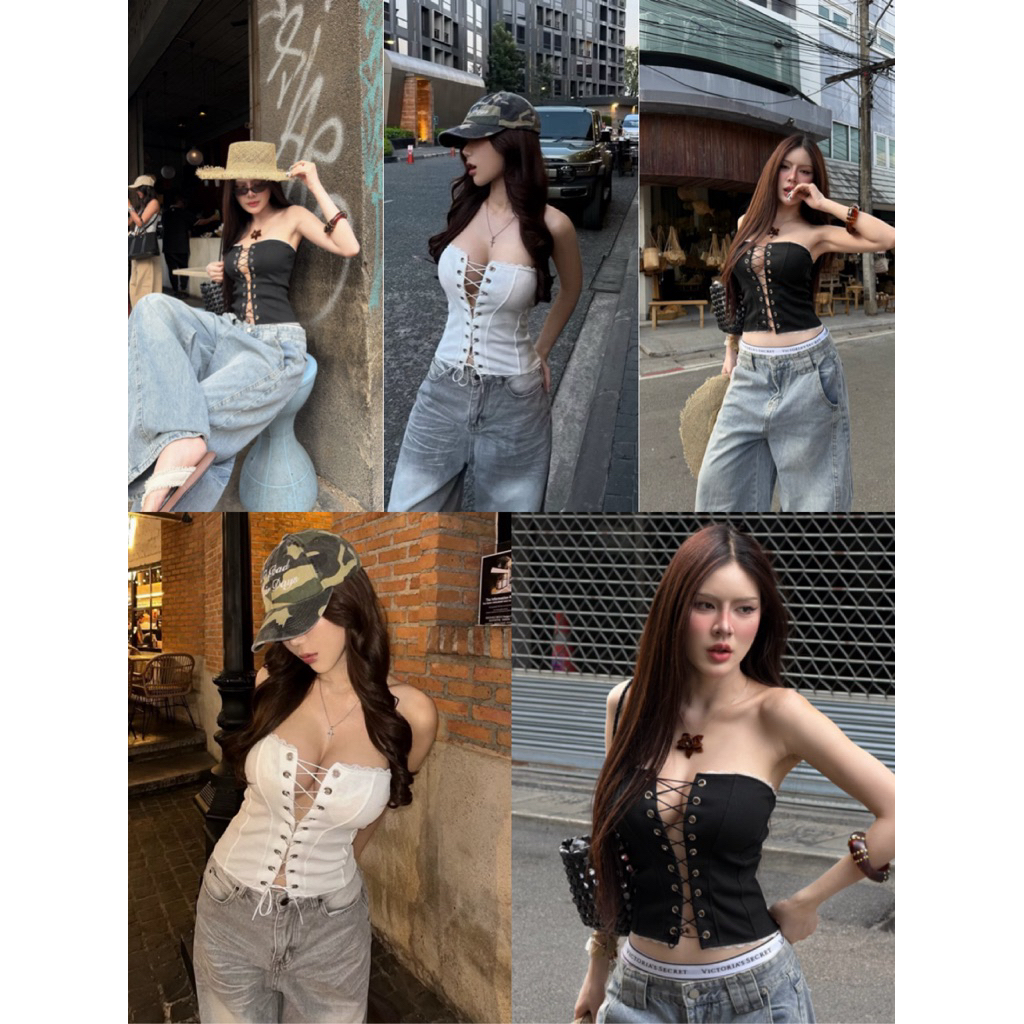 💕ShopBypuy💕เกาะอกเจาะตาไก่เชือกหน้าแต่งลูกไม้