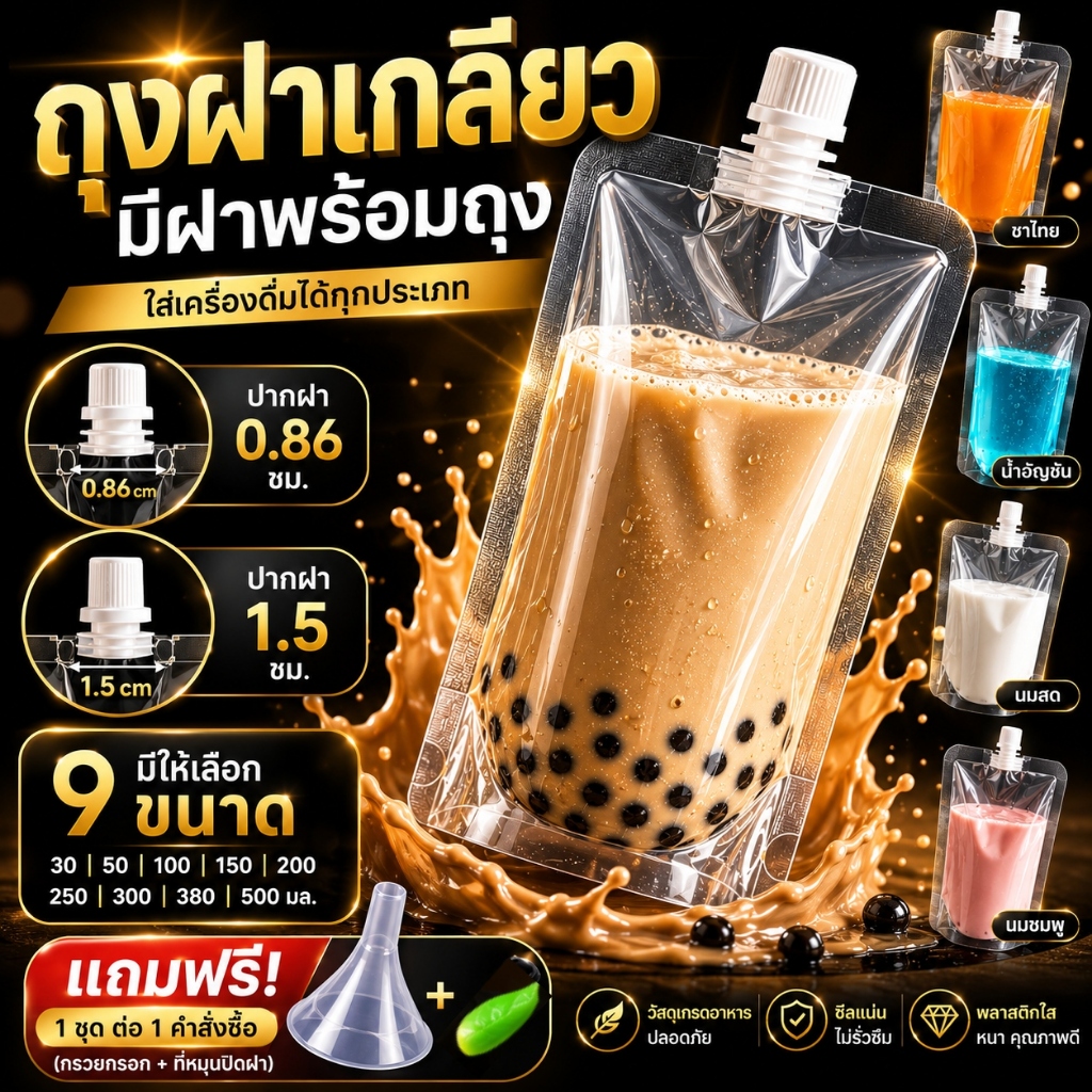 ถุงฝาเกลียว (50 ใบ) แถมฟรีกรวยกรอก ก้นตั้งได้ ถุงใส่น้ำ ถุงใส่น้ำจิ้ม ใส่เยลลี่ ฝาเกลียว ราคาถูก
