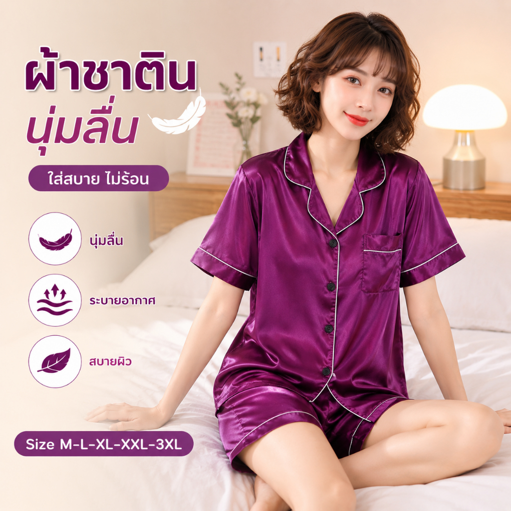 ชุดนอนแฟชั่นสไตล์เกาหลี  สีพื้นเรียบหรู ชุดนอนผ้าซาติน ★ส่งจากไทย ชุดนอนแขนสั้นขาสั้น SW620 (M-3XL)