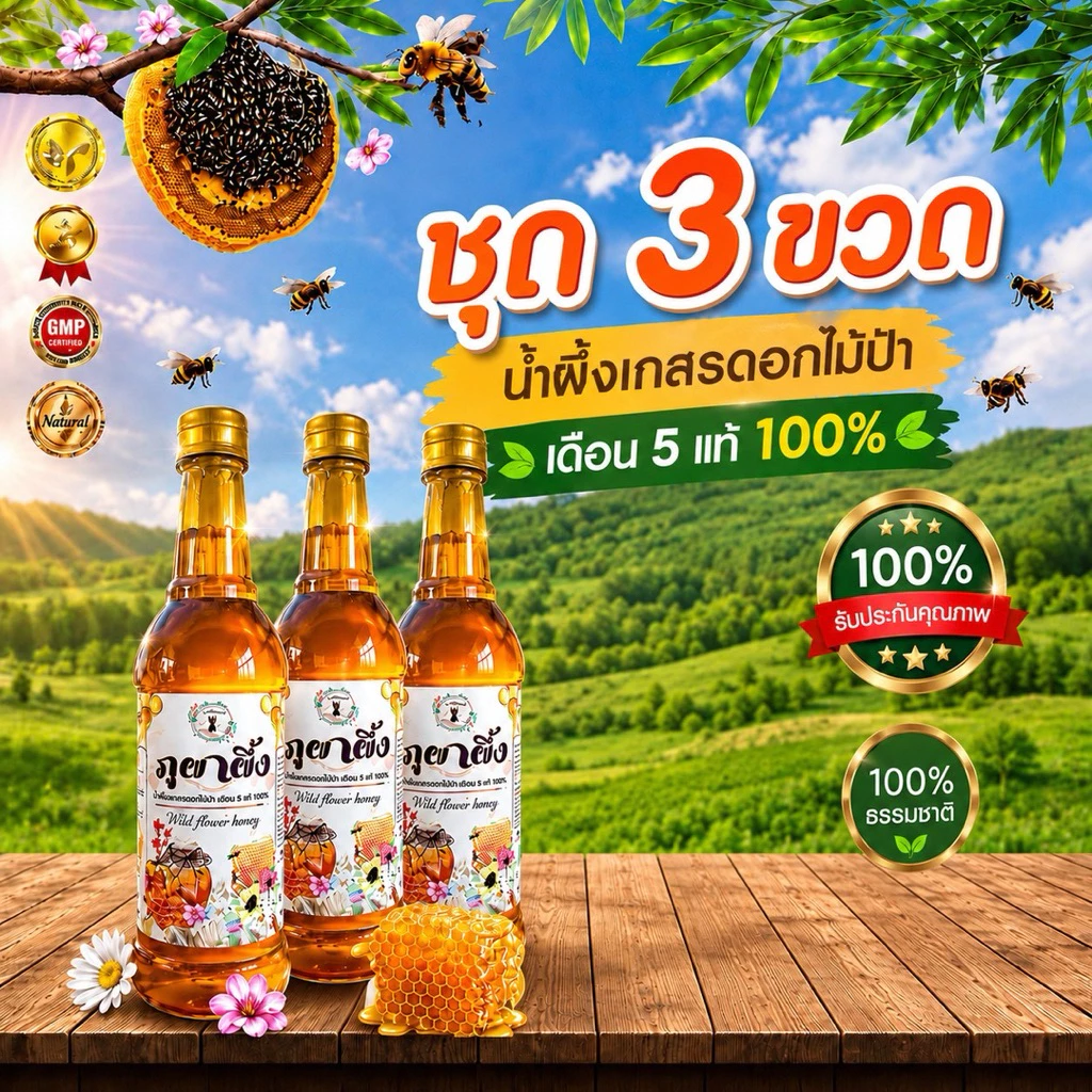 🌳น้ำผึ้งเกสรดอกไม้ป่าเดือน5แท้ 🐝🍯ตรา ภูผาผึ้ง 🌳🍯ชุด 3 ขวด🍯🌳