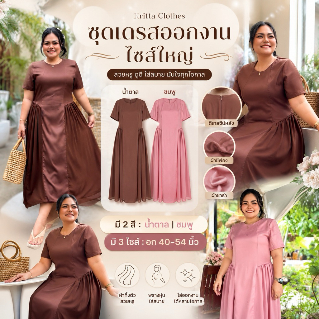ชุดเดรสออกงาน ชุดเดรสซีฟอง ไซส์ใหญ่ อก 40-54 นิ้ว สำหรับผู้หญิง