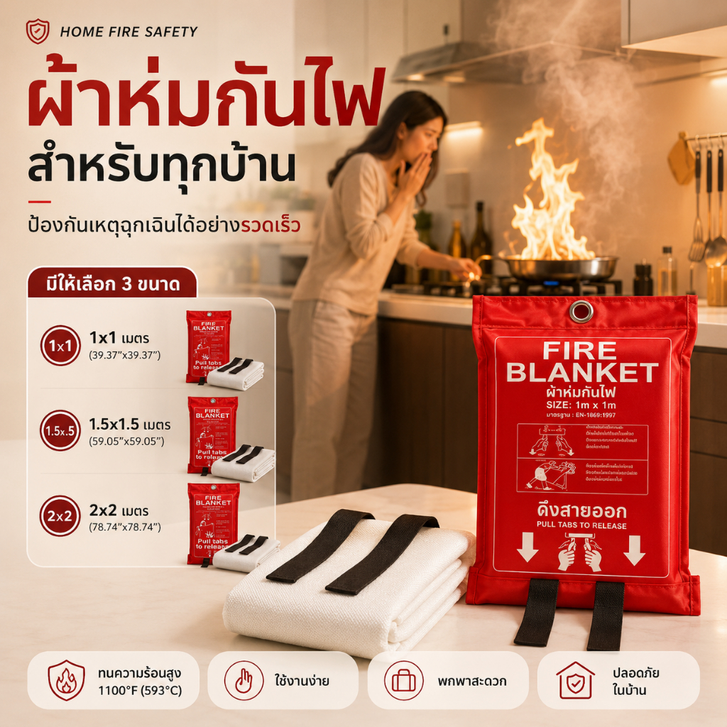 CHUNHEE ผ้าห่มกันไฟ หน้าร้อนป้องกันไฟ ผ้าดับไฟ เส้นใยแก้วซิลิก้าชนิดพิเศษ Fire Blanket -177 ขนาด 1เมตร. x 1เมตร. ผ้าห่มห