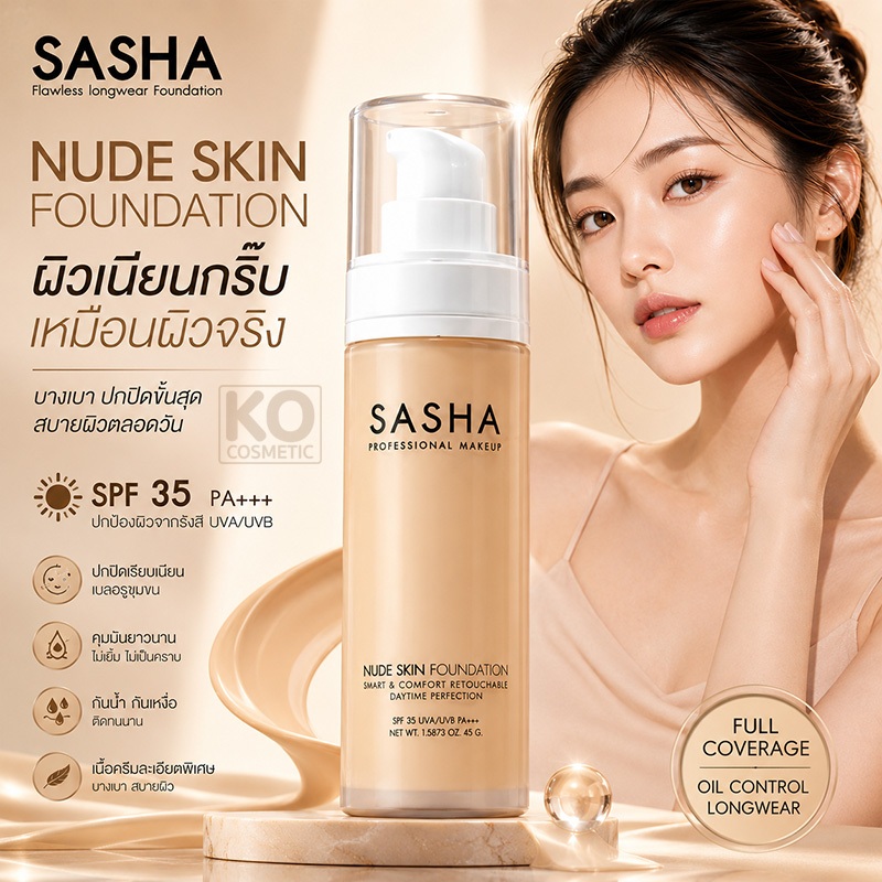 SASHA NUDE SKIN FOUNDATION รองพื้นซาช่า ครีมรองพื้นผสมกันแดด ผิวเนียน คุมมัน กันน้ำ กันเหงื่อ ติดทน