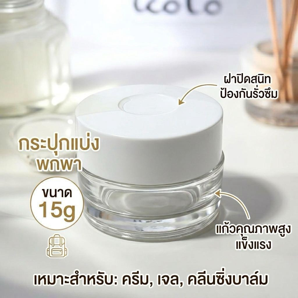 กระปุกอะคริลิคแบ่งพกพา ขนาด 15 กรัม พร้อมไม้พาย  ดีไซน์มินิมอล เรียบหรู เหมาะสำหรับแบ่งบรรจุสกินแคร์
