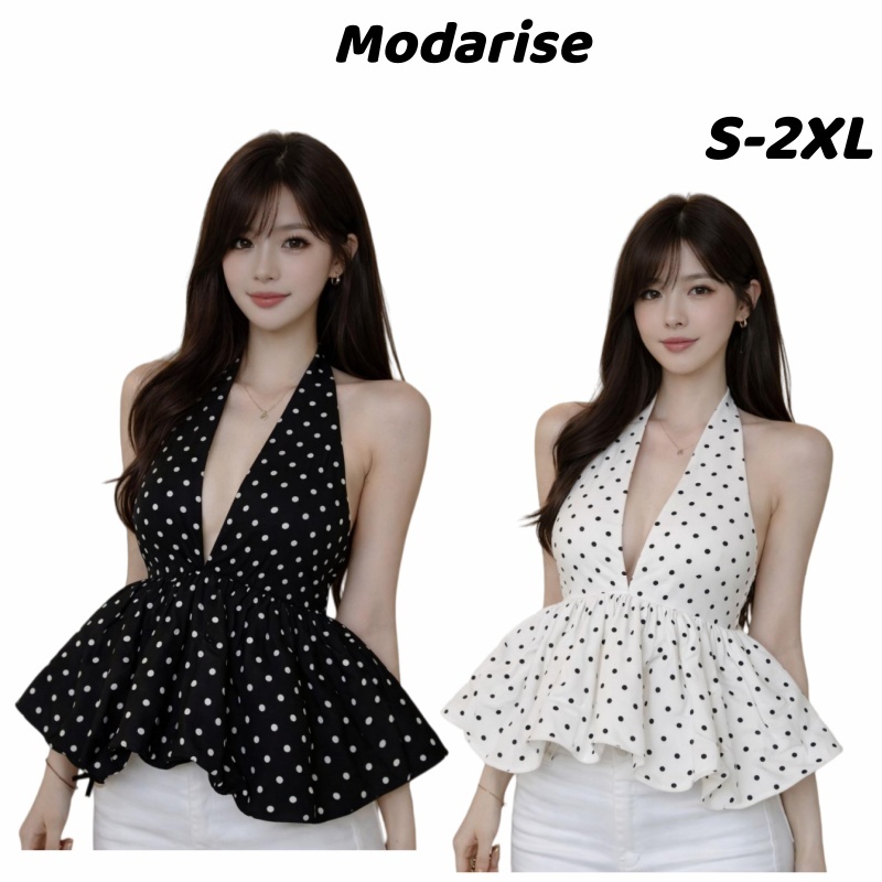 Modarise.เสื้อสายเดี่ยวคล้องคอลายจุด เอวเข้ารูป สไตล์ฝรั่งเศส แฟชั่นผู้หญิง ลุคหวานน่ารัก ใส่หน้าร้อน รุ่นใหม่ 2026
