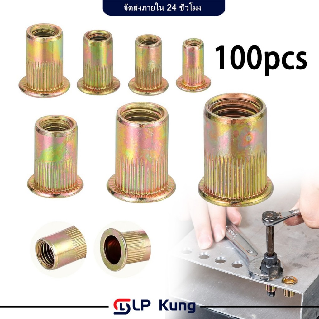 รีเวทนัท 100 ชิ้น หัวแบนมีลาย ชุบรุ้ง เหล็กคาร์บอน Rivnut หัวน็อต M3/M4/M5/M6/M8/M10/M12