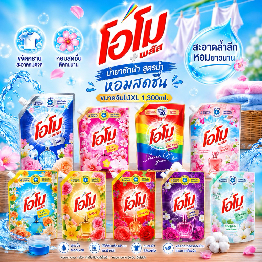 [ถุงเดี่ยว]โอโมน้ำน้ำยาซักผ้า 1,300ml.ไซส์จั้มโบ้