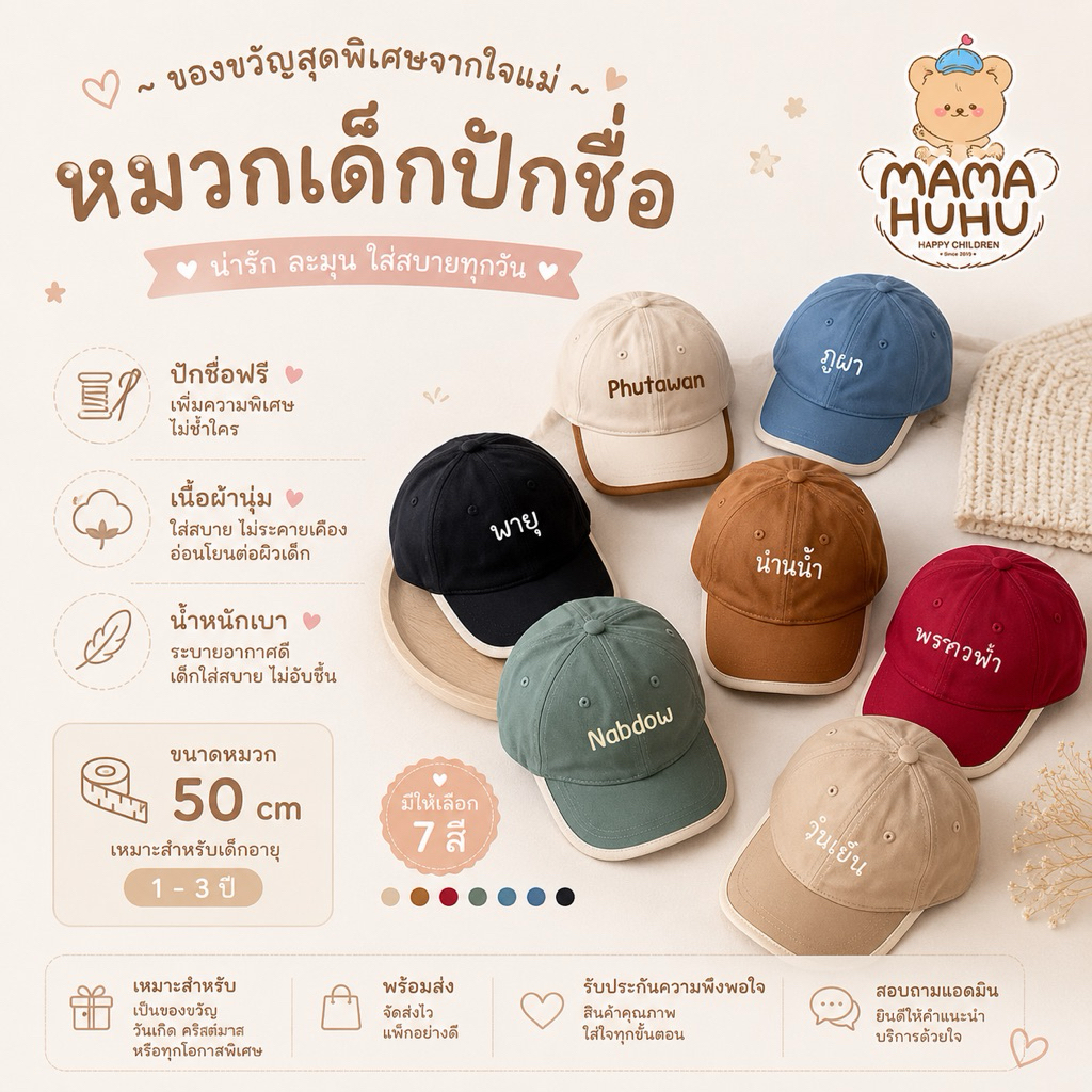 พร้อมส่งหมวกแก้ปเด็ก ปักชื่อฟรี!! สำหรับ 1.5ถึง4ขวบ