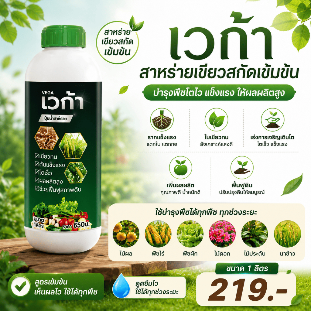 เวก้าเขียว 1ลิตร สูตรพรีเมี่ยม บำรุงต้น  เปิดตาข้างใบ ตาข้างแตก แตกกอ บำรุงใบ เร่งราก