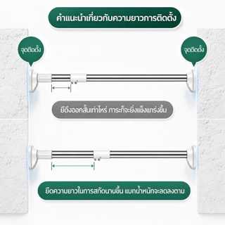 ราวตากผ้ายืดหดได้ ราวแขวนผ้าสแตนเลส ไม่ต้องเจาะผนัง ท่อ 22 มม. แข็งแรง ปรับความยาวได้ ราวม่านอเนกประสงค์