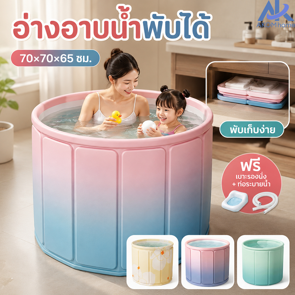 AKOM อ่างอาบน้ำพับได้ ผู้ใหญ่/เด็ก ถังแช่น้ำในบ้าน อ่างอาบน้ำสปา ประหยัดพื้นที่ กันความร้อน ความจุใหญ่ พร้อมท่อระบายน้ำ