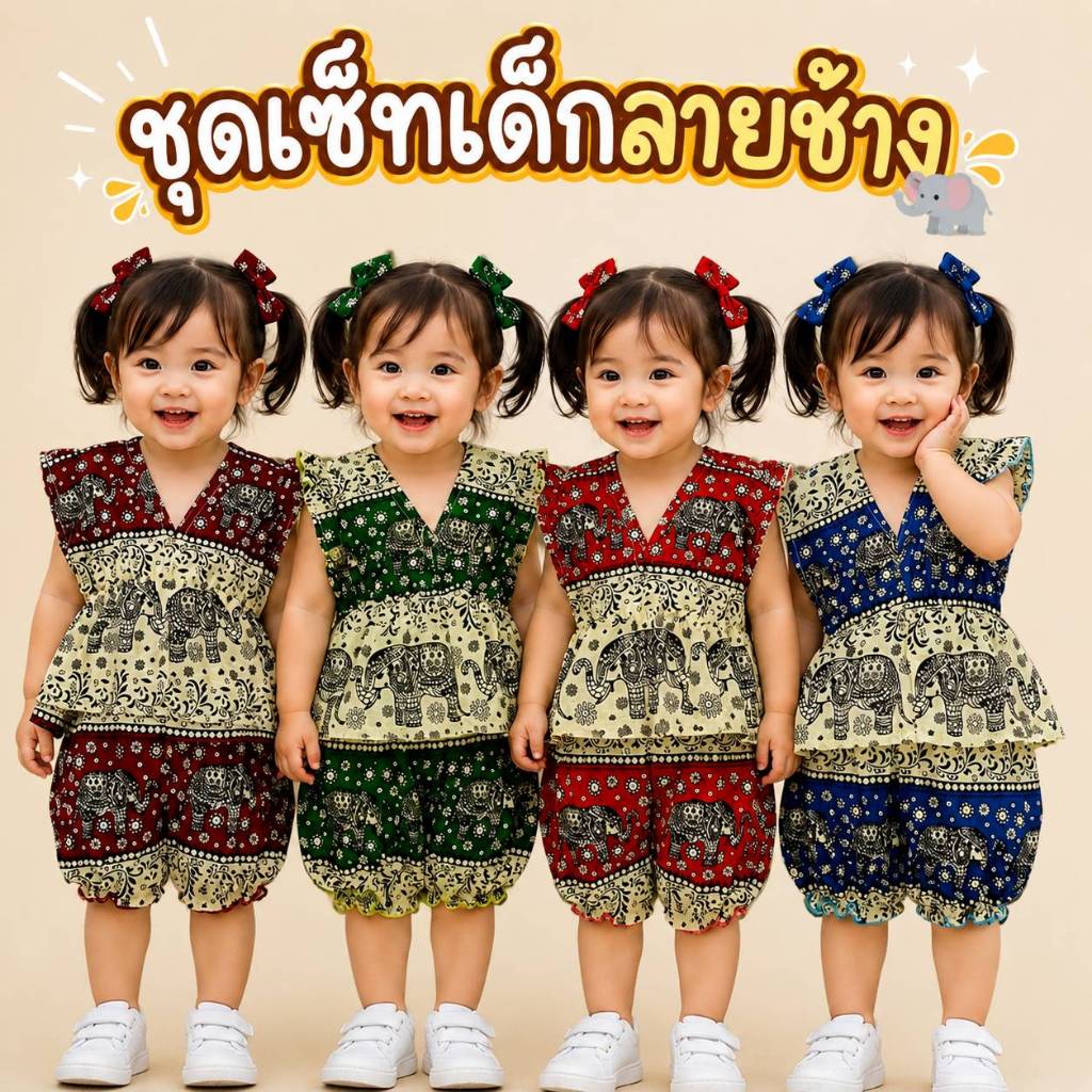 ชุดเซ็ตลายช้างผ้าเมิมเบิต/ผ้ามัน เด็กผู้หญิง 4 สี 5-14 กิโล สงกรานต์ เที่ยวทะเล
