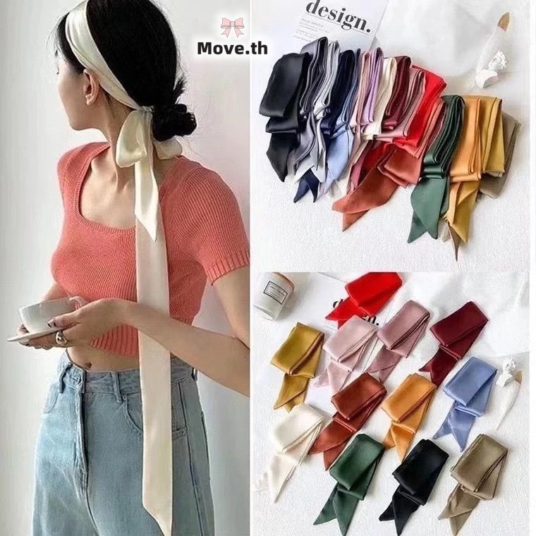 CODในไทย✨ผ้าพันคอไหมยาวสีพื้นสไตล์เกาหลี ผ้าซาติน โบว์ผูกผมที่หรูหรา ผ้าพันคอขนาดเล็กอเนกประสงค์